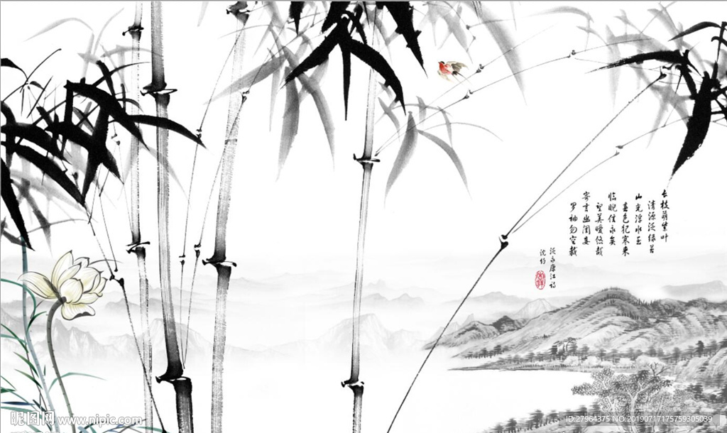 中式水墨竹子山水画电视背景墙