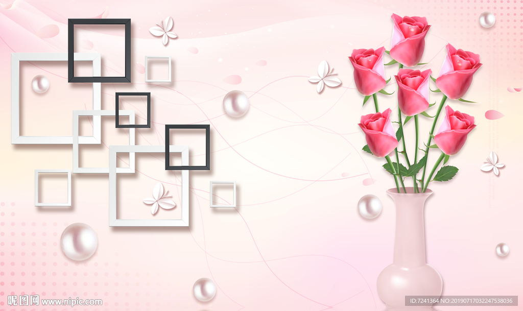 玫瑰珍珠蝴蝶方框欧式立体装饰画