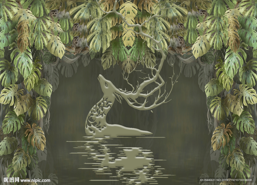 北欧水彩热带植物麋鹿背景墙