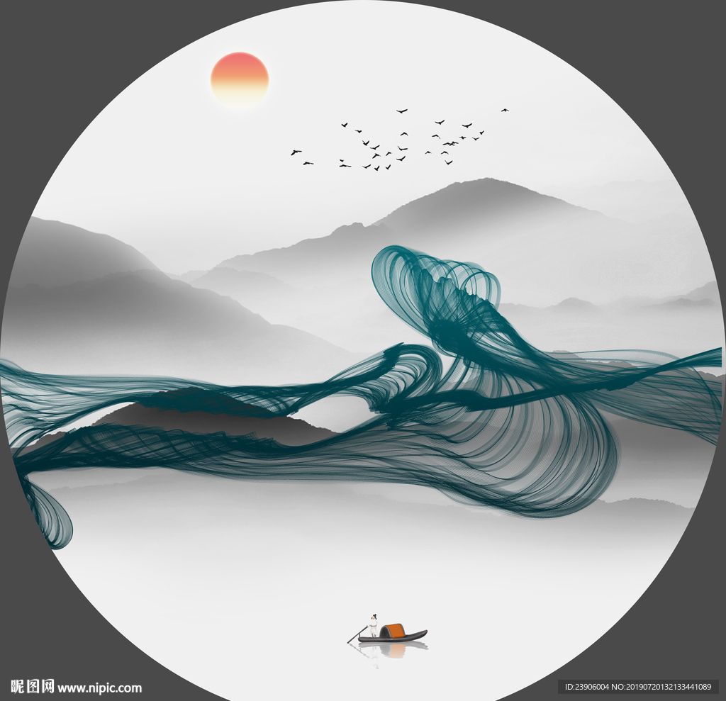 圆形山水画 蓝色抽象山水挂画