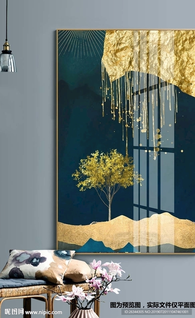 鎏金流金发财树玄关装饰画晶瓷画