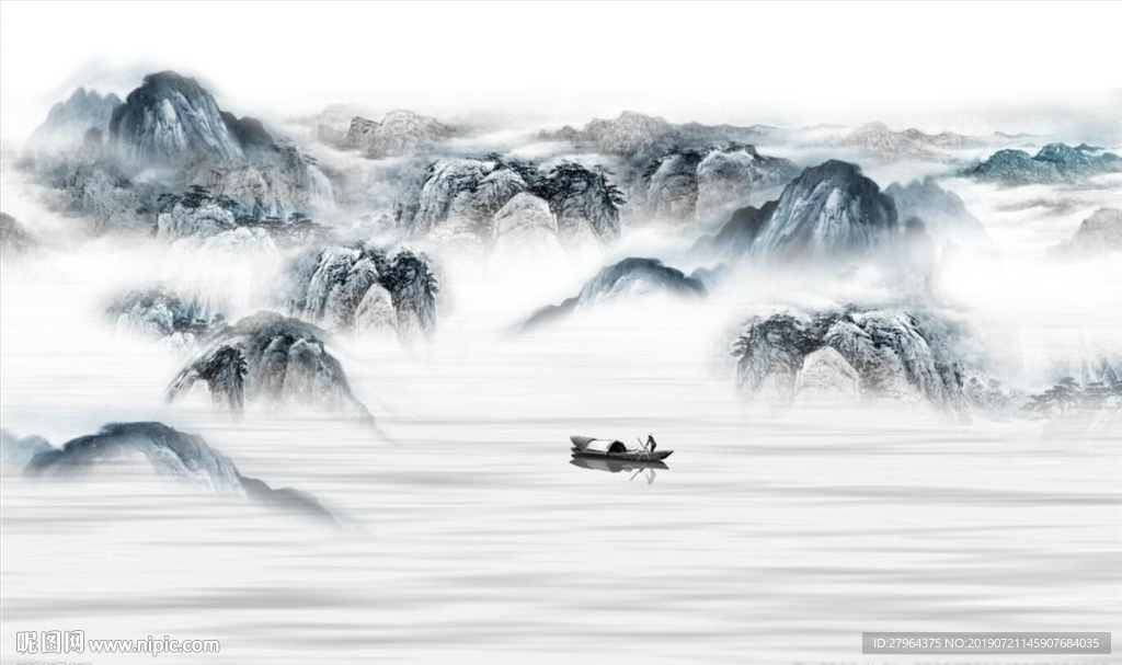 新中式水墨禅意山水画电视背景墙
