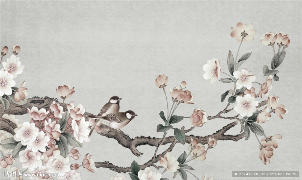 新中式工笔花鸟背景墙