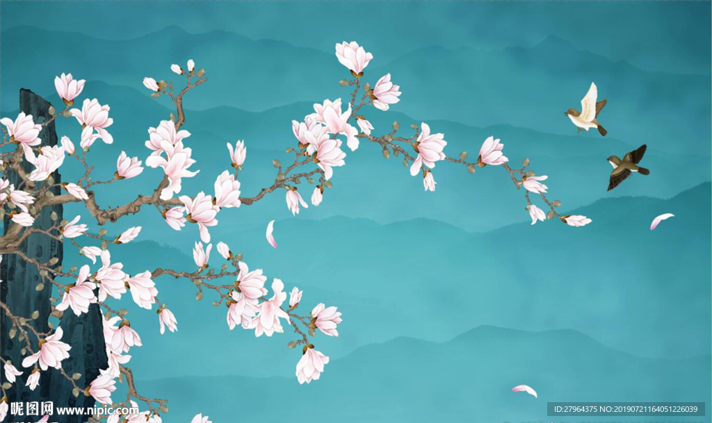 新中式手绘玉兰花工笔花鸟背景墙