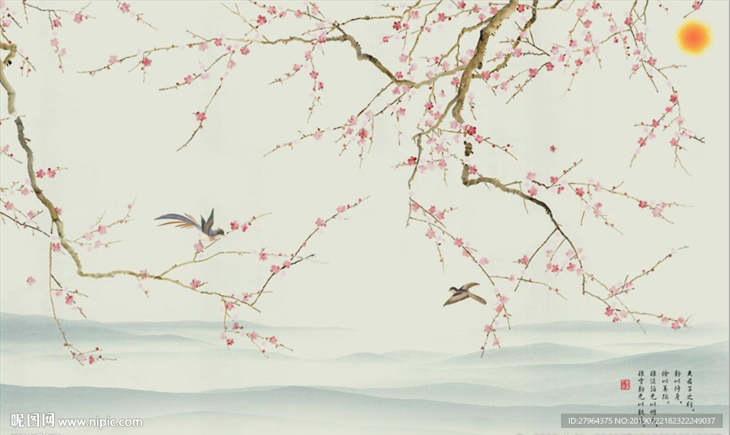 新中式桃花山水画客厅电视背景墙