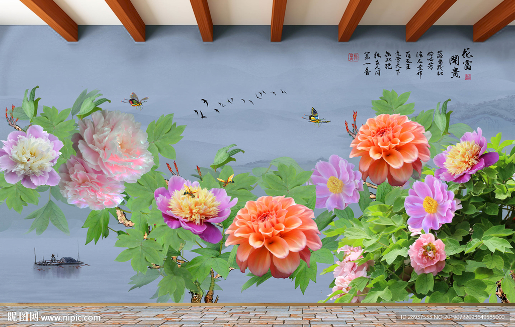 原创牡丹客厅风景画背景墙装饰画