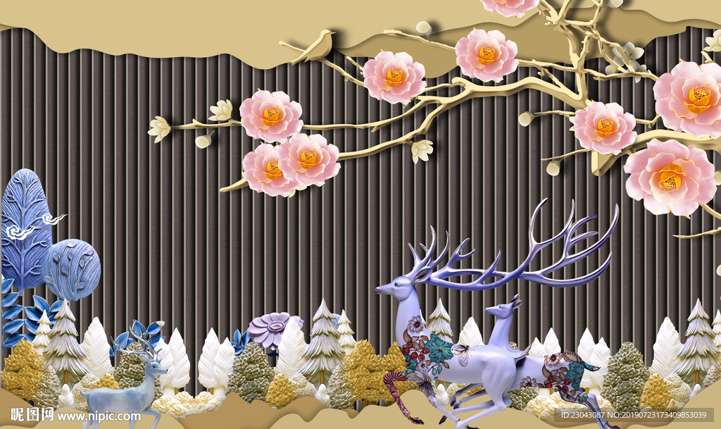 中式麋鹿立体浮雕画背景墙壁画