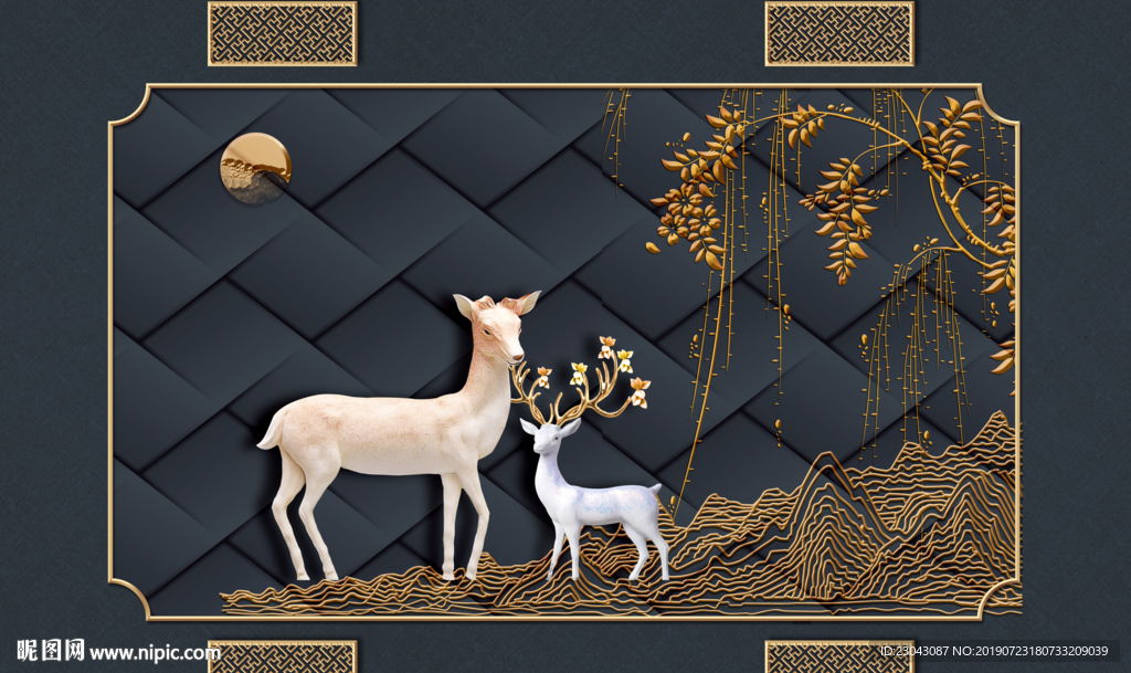 立体浮雕发财树麋鹿背景墙