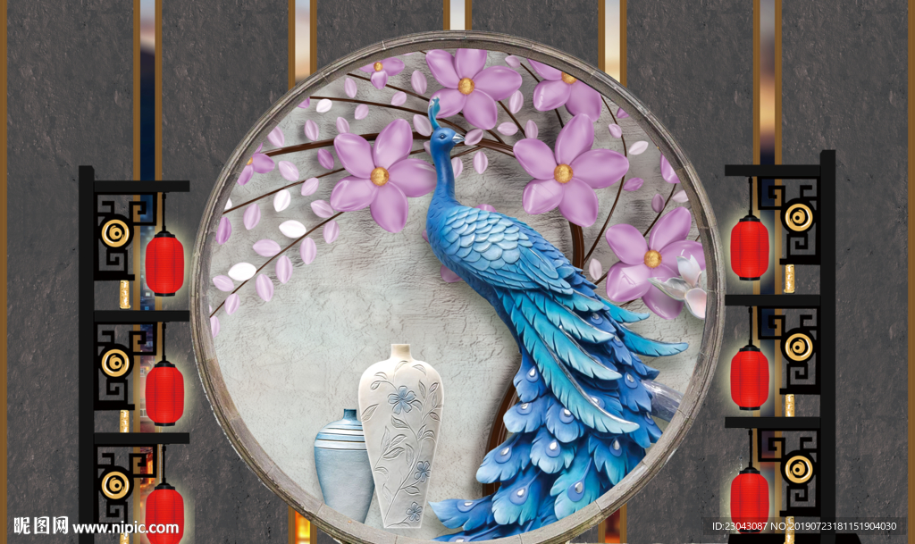 现代清新立体浮雕油画孔雀背景墙