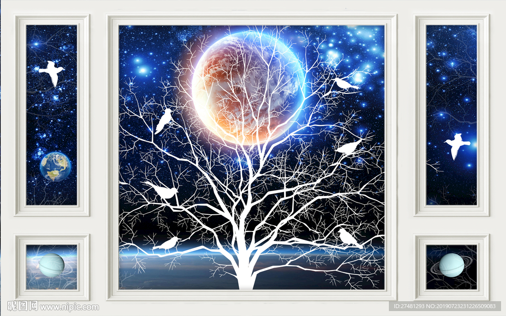 唯美星空抽象树花鸟自带边框背景