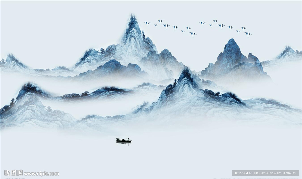 新中式意境抽象蓝色山水背景墙