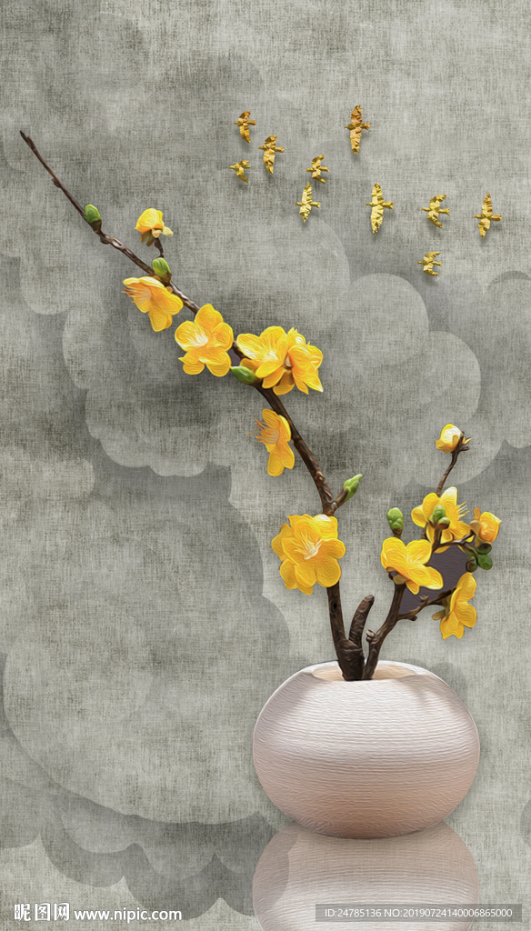中式花瓶山水装饰画
