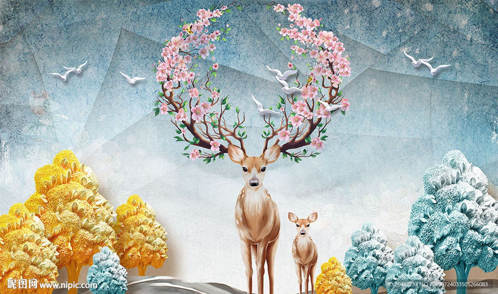 欧式浮雕森林抽象麋鹿背景墙图片
