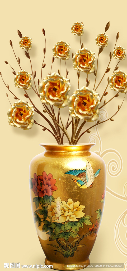 黄金玫瑰花瓶玄关背景