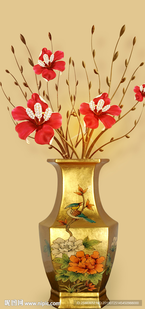 鲜花黄金花瓶玄关背景