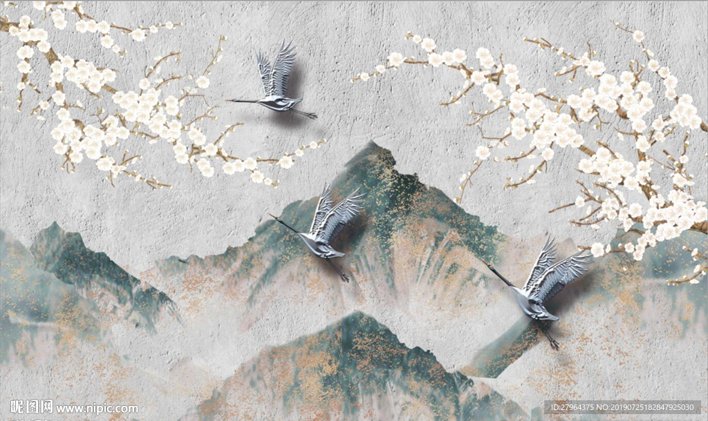 雪山樱花飞鹤浮雕背景墙