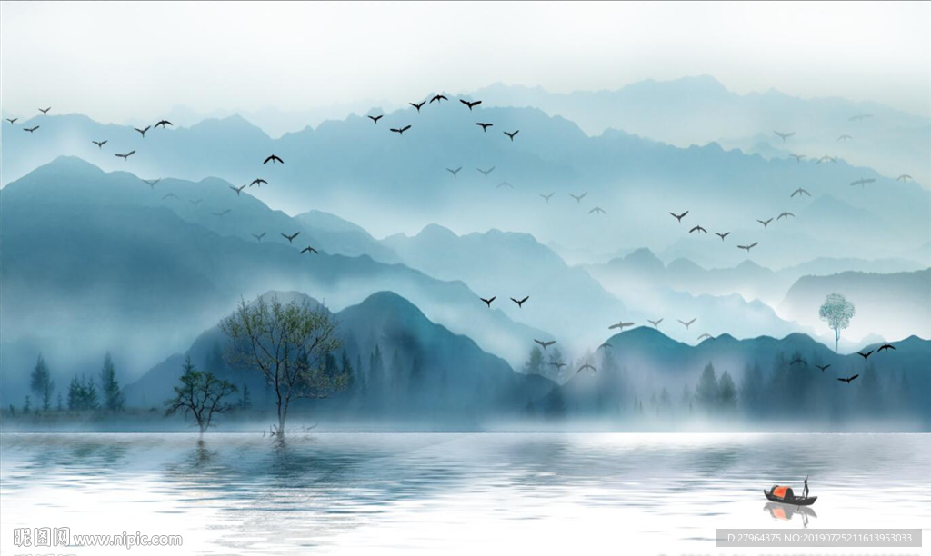 朦胧山水树倒影背景墙