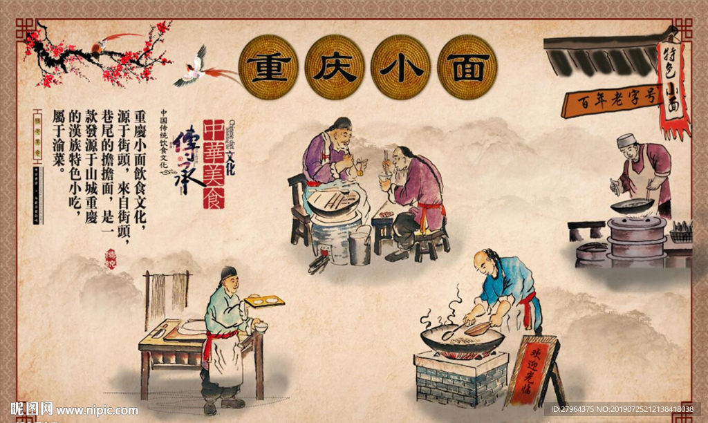复古手绘重庆小面餐饮店工装背景