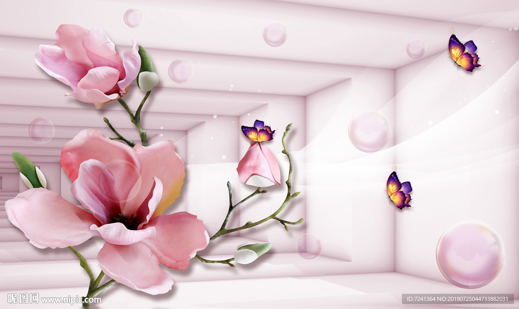 兰花蝴蝶泡泡走廊立体壁画装饰画