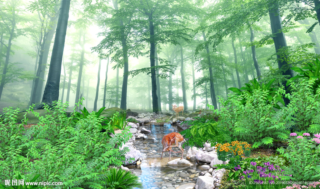 绿色丛林树林小河流水生财电视墙