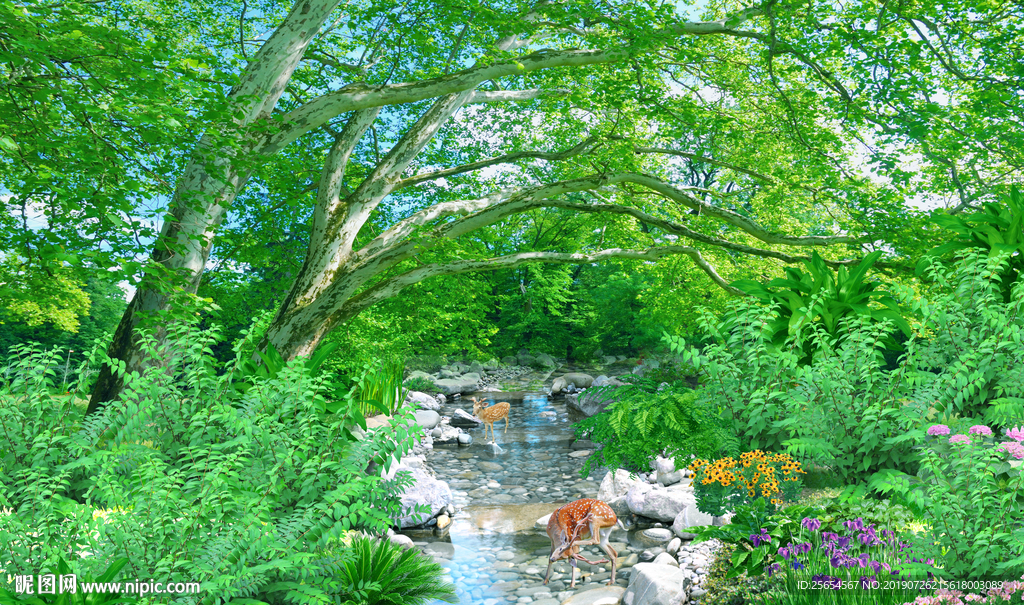 树林小河流水生财电视背景墙