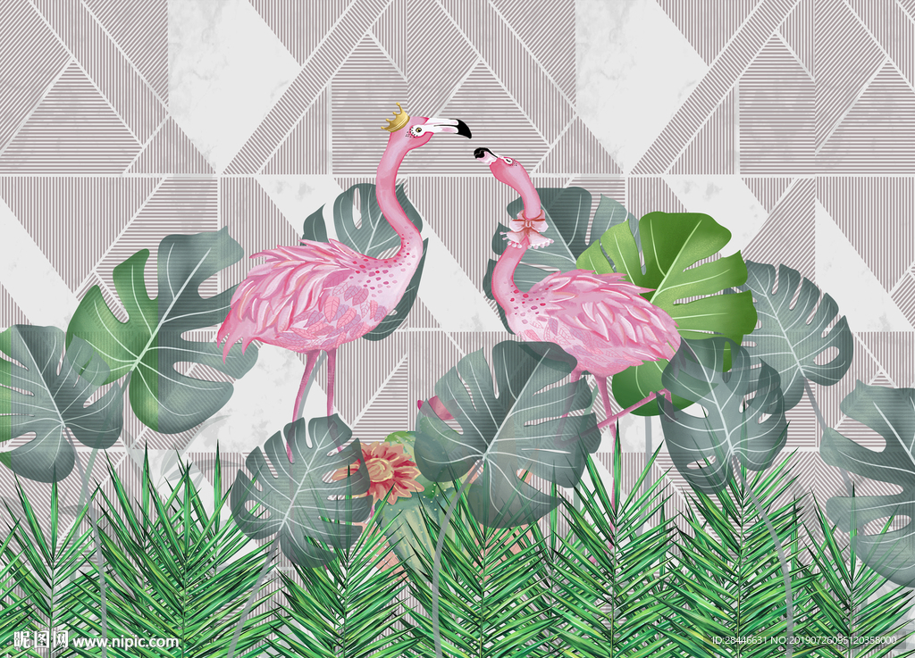 北欧几何火烈鸟背景墙