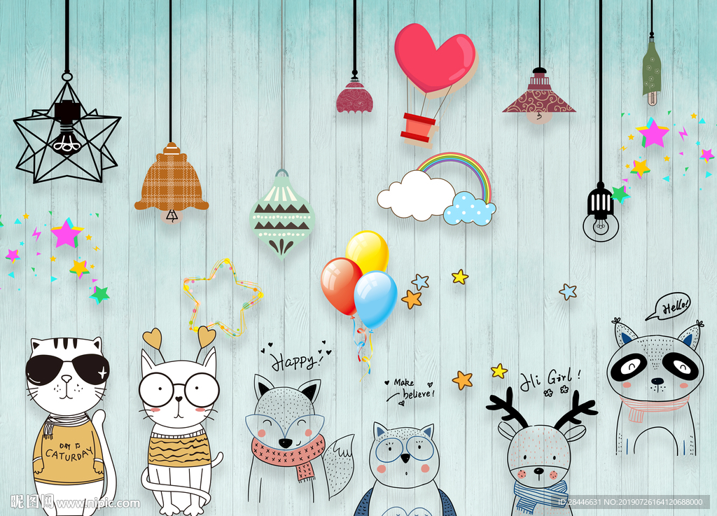 吊灯手绘儿童房背景墙