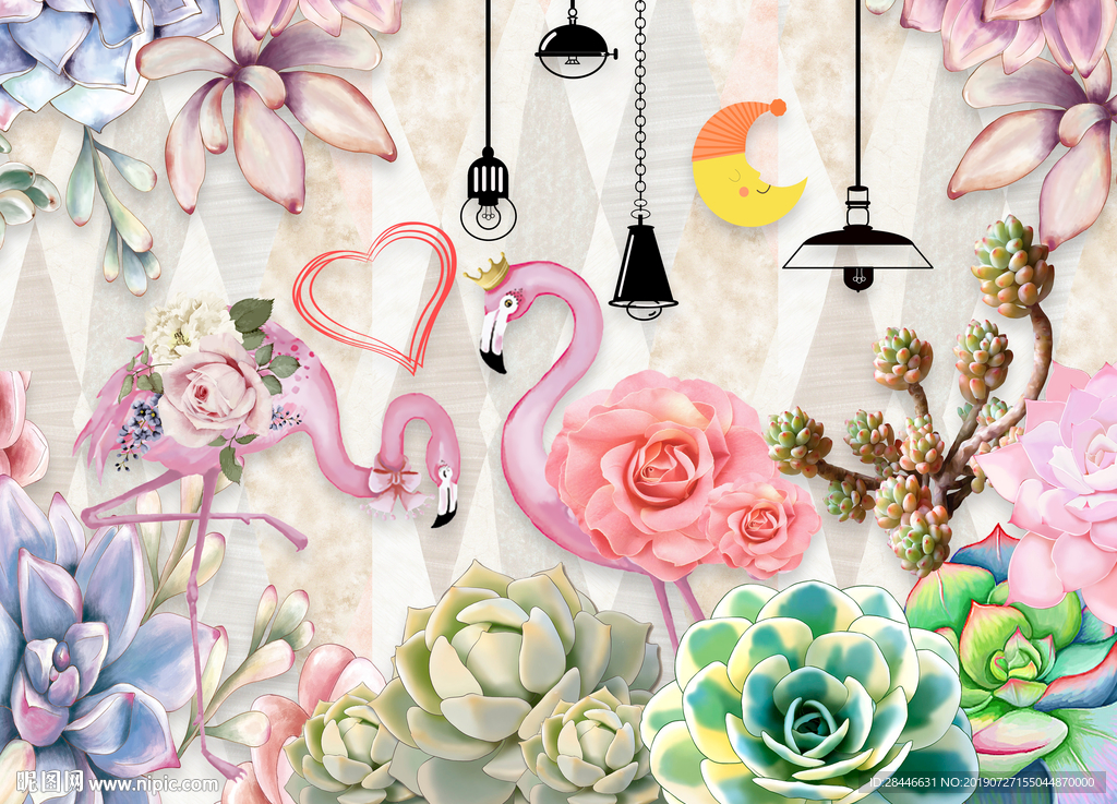 北欧吊灯火烈鸟背景墙