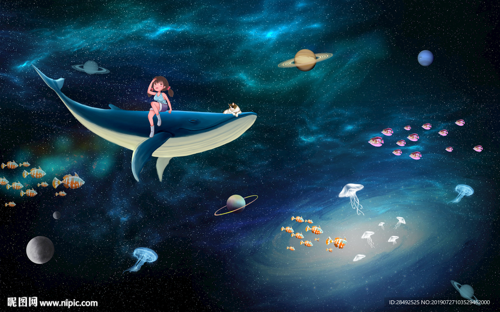 唯美星空鲸鱼女孩背景墙