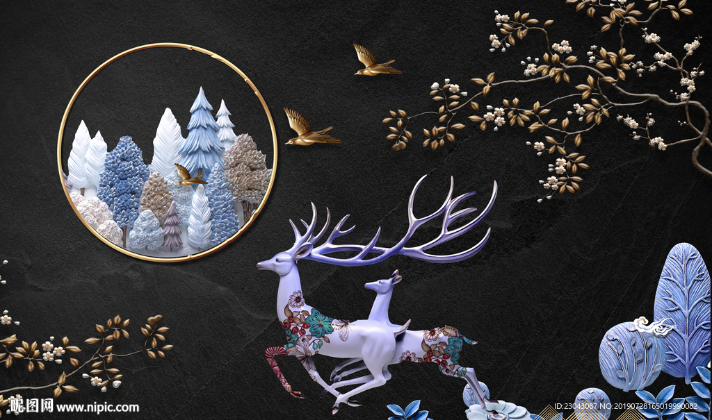 新中式山水麋鹿背景墙壁画