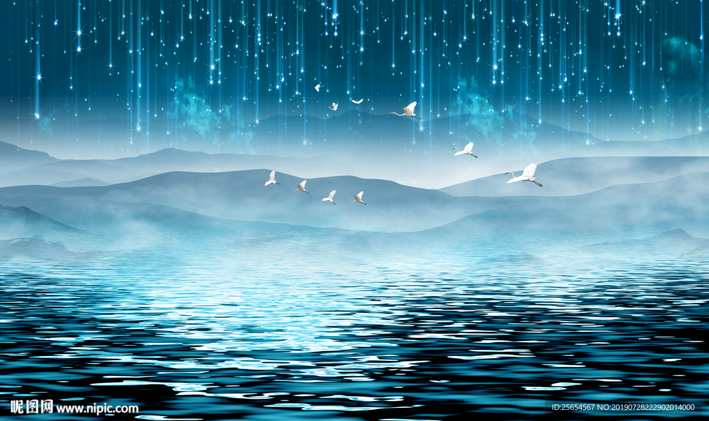 星空远山湖水倒影背景墙