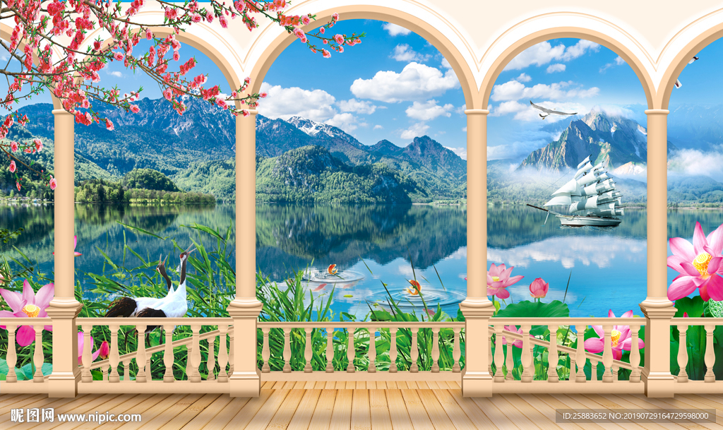 清新罗马柱阳台天鹅湖电视背景墙