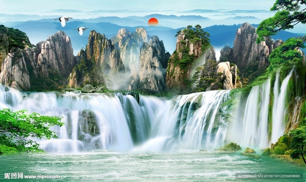 山水瀑布背景墙