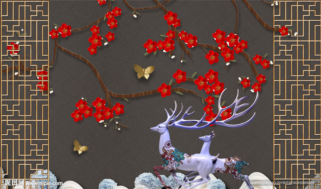 发财树红色梅花麋鹿浮雕背景墙