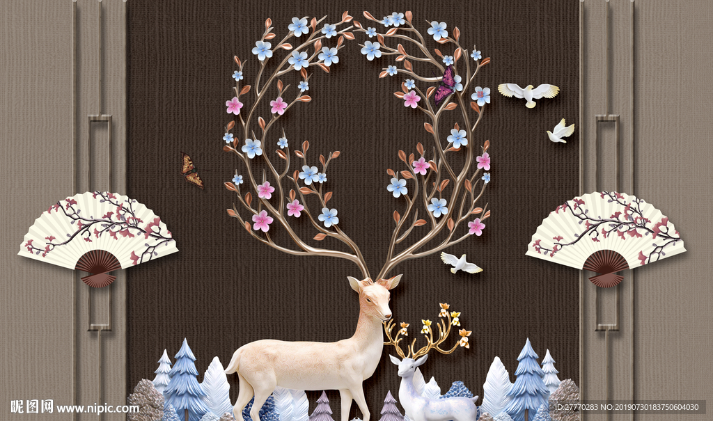 新中式浮雕森林梅花鹿背景墙