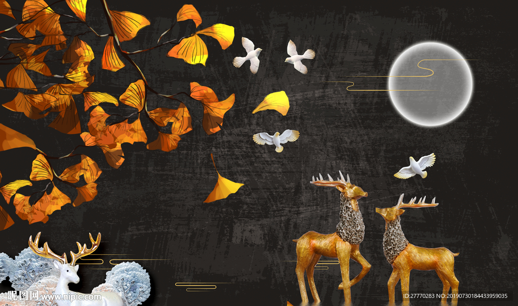 复古麋鹿手绘浮雕创意麋鹿背景墙