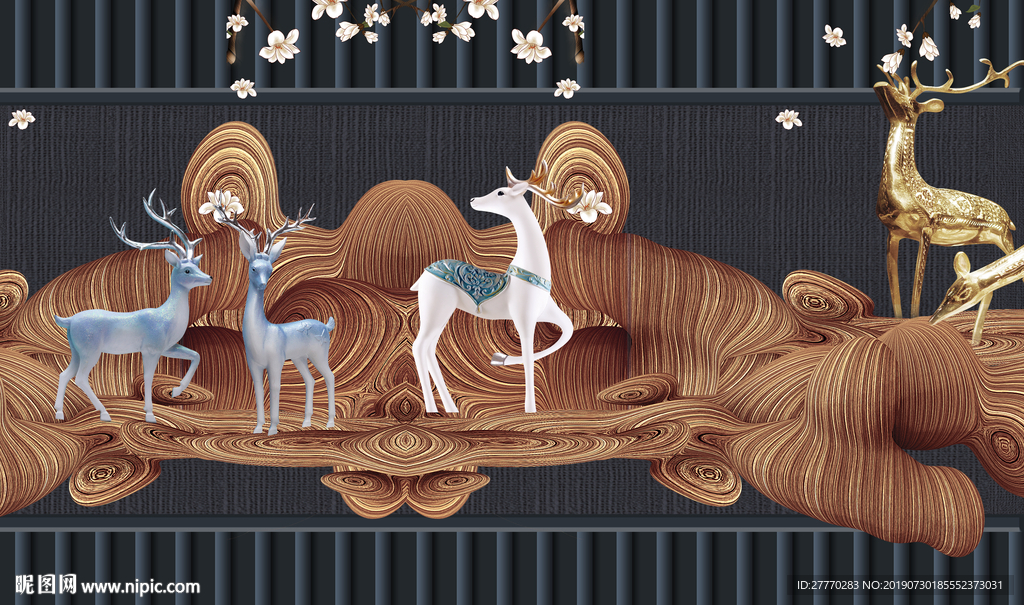 新中式浮雕抽象金色山水麋鹿背景