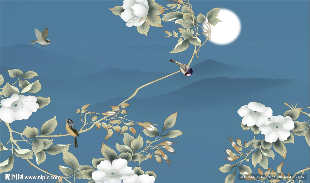 新中式远山圆月工笔花鸟背景墙