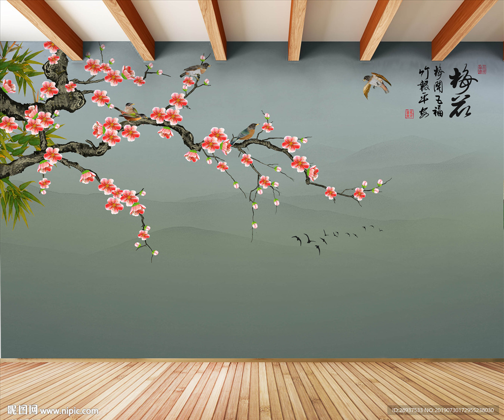 原创手绘梅花花鸟背景墙装饰画