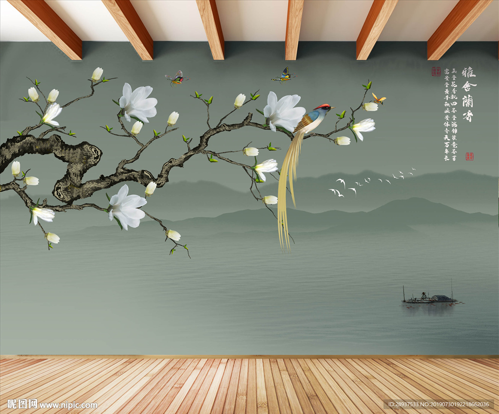 原创玉兰喜鹊雅啥兰香背景墙