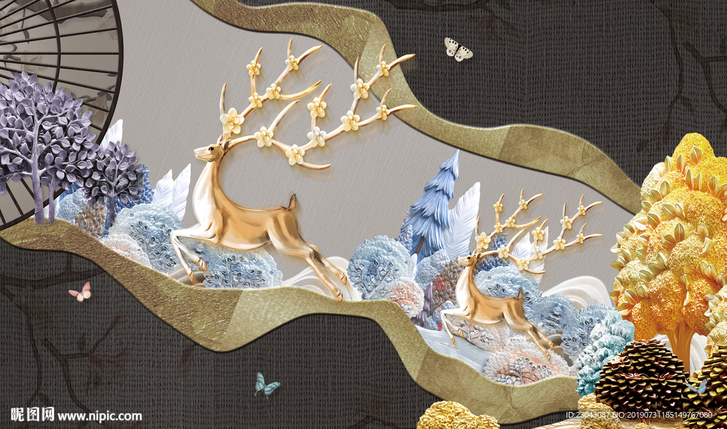3D立体浮雕发财树麋鹿背景壁画