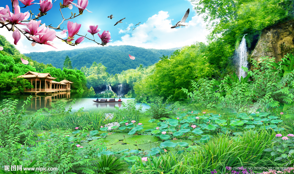 流水生财背景墙装饰画