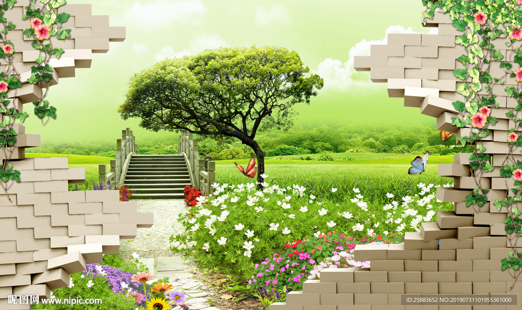 画中画草地清新电视背景墙