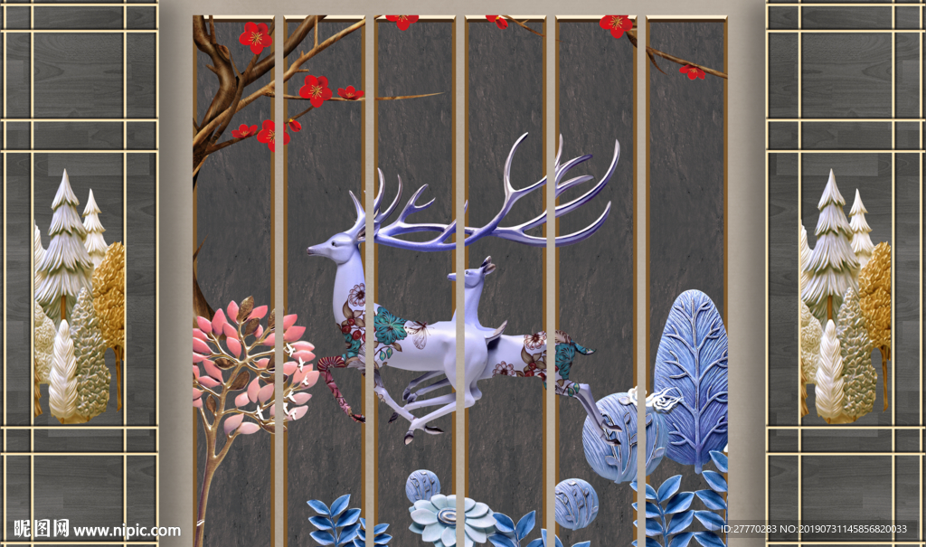 现代清新立体浮雕森林麋鹿背景墙