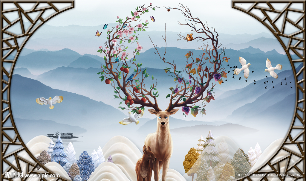 高清立体发财树麋鹿浮雕背景墙图片