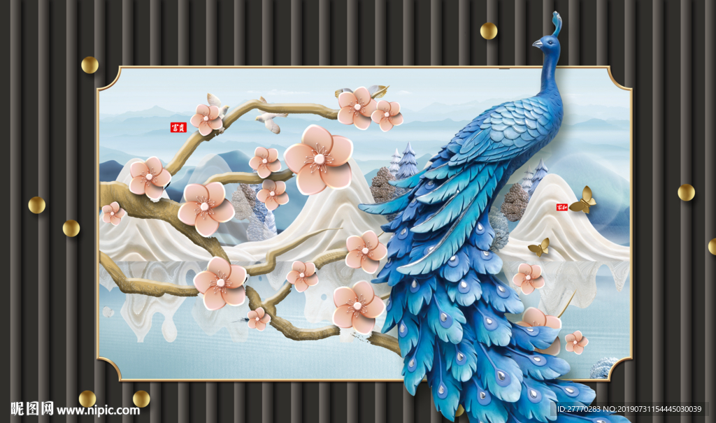 现代清新立体浮雕3D孔雀背景墙