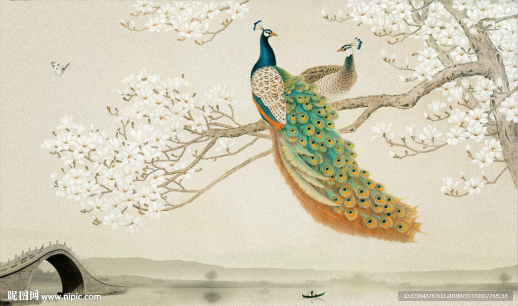 中式孔雀花卉客厅电视背景