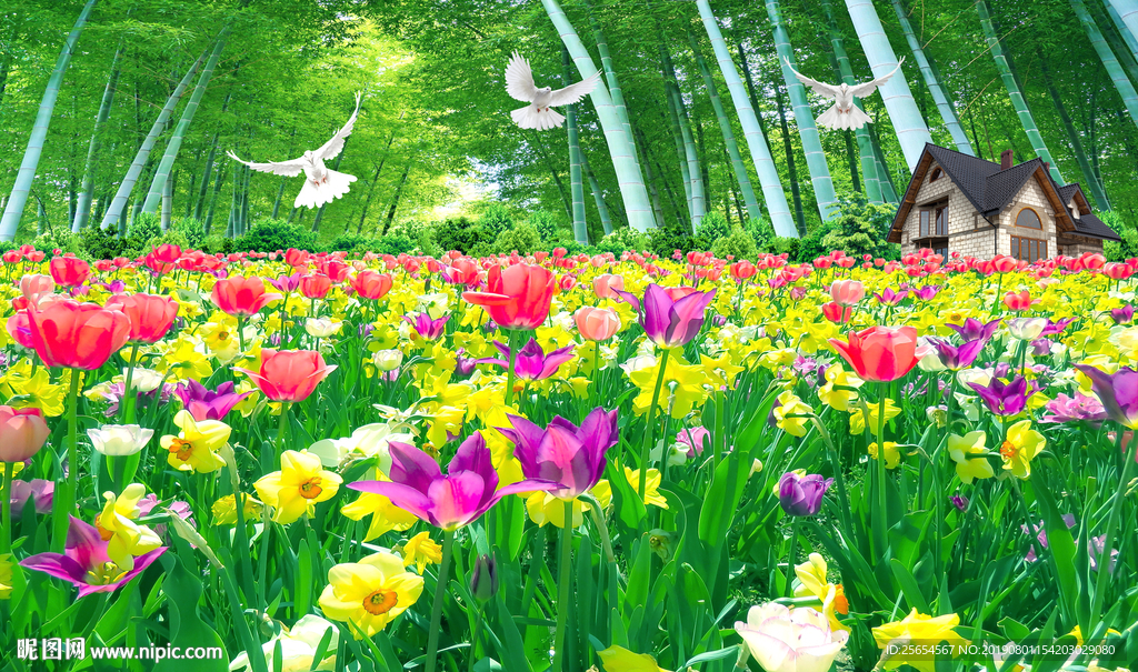 花园绿荫竹林壁画背景墙