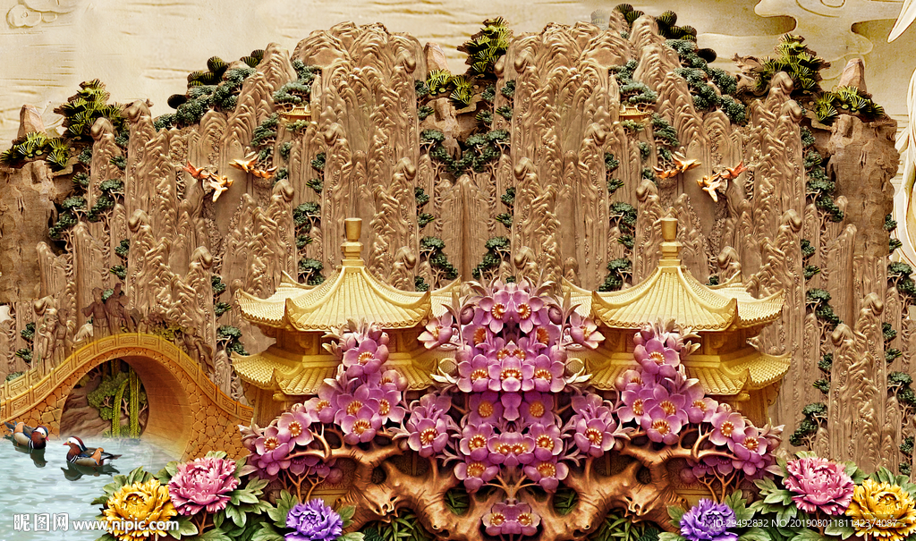 3D亭台楼阁仙境背景墙