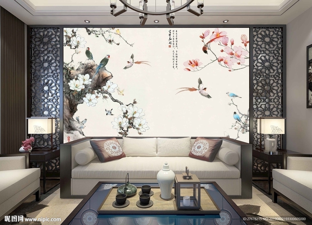 新中式简约花开背景墙